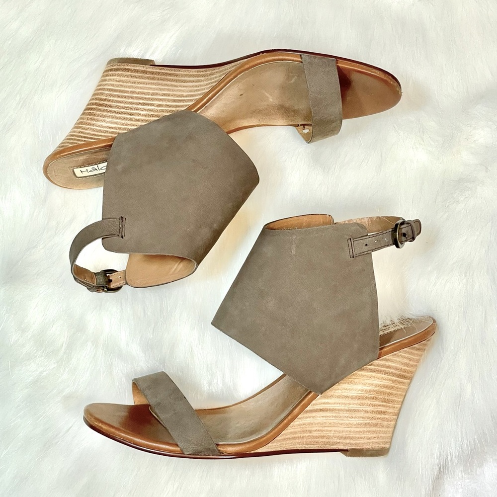 Halogen brown suede wedges with wide, high ankle strap